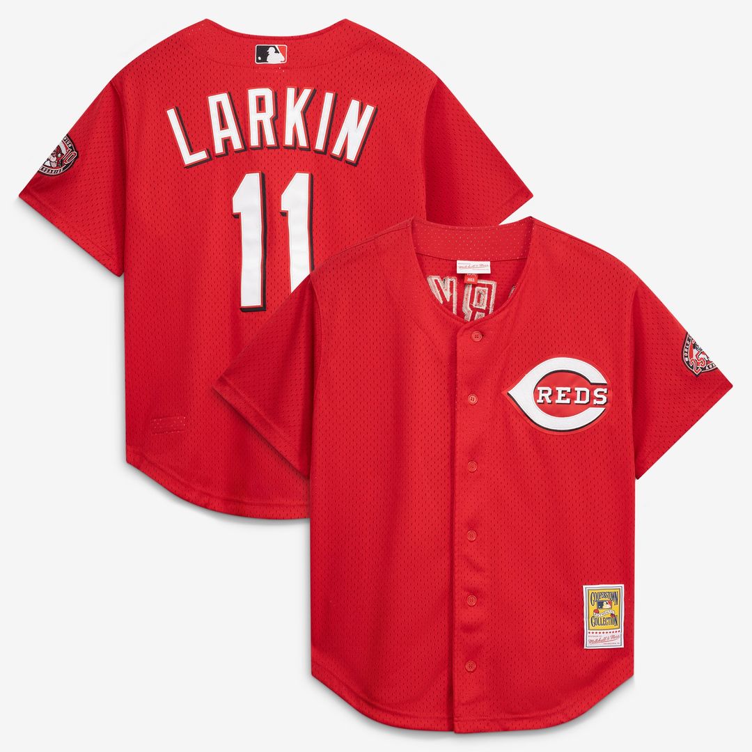 Cincinnati Reds Barry Larkin Mitchell & Ness Black Cooperstown Collection Mesh Batting Practice Button-Up Jersey